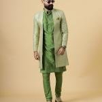 Handmade Lime Green Geometrical Embroidered Open Sherwani with Green Kurta Pajama for Men - Father Son Combo | Jaipurio